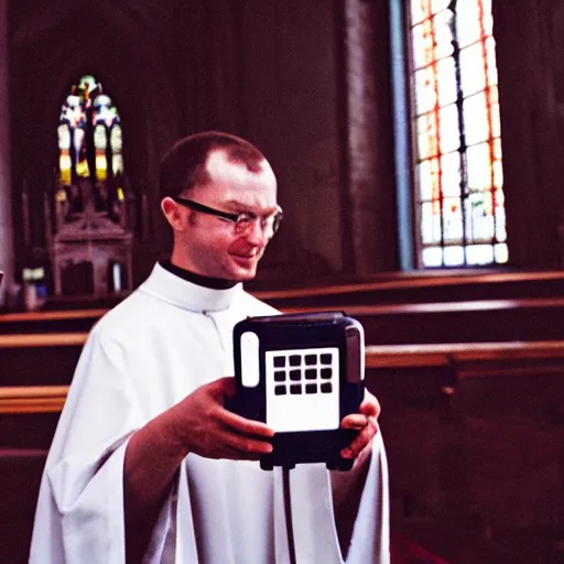 Image similar to a priest in a church holding up a nintendo gamecube, cinematic, close up shot, 35mm film, color