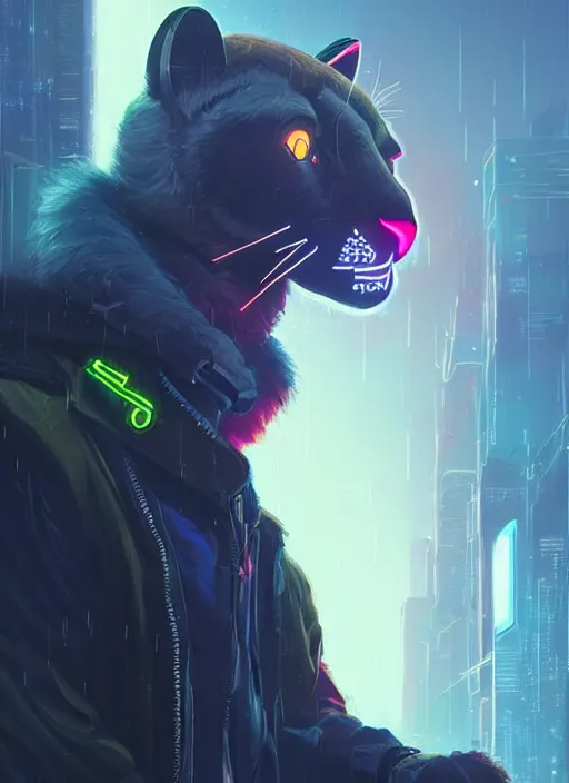 Image similar to beautiful portrait commission of a female furry anthro mountain lion wearing a bullet proof vest and cargo pants. Cyberpunk city at night in the rain. Neon light. Atmospheric. Character design by charlie bowater, ross tran, artgerm, and makoto shinkai, detailed, inked, western comic book art