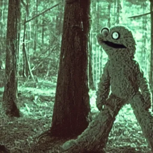 Image similar to elmo in the blairwitch project, scary, disturbing.