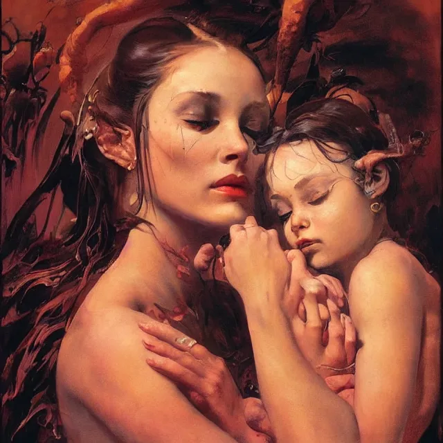 Prompt: an aesthetic! detailed portrait of an aesthetic woman crying mournfully while holding a child, by frank frazetta, oil on canvas, bright colors, art nouveau, epic composition, dungeons and dragons fantasy art, hd, god - rays, ray - tracing, crisp contour - lines, huhd - 8 k