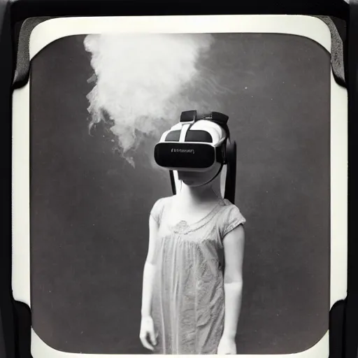 Image similar to an ancient demon-girl using a VR headset, mist , 1910 Polaroid photo, Black and white