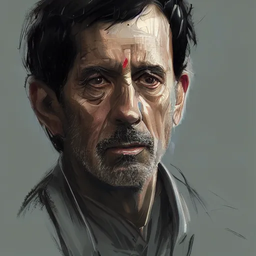 Image similar to Portrait of a man by Greg Rutkowski, he is about 60 years old, short black hair with bangs, his features are a mix between French, Turkish and Russian, expression of contempt, sorrow and resignation, he is wearing a futuristic tactical gear, highly detailed portrait, digital painting, artstation, concept art, smooth, sharp foccus ilustration, Artstation HQ.