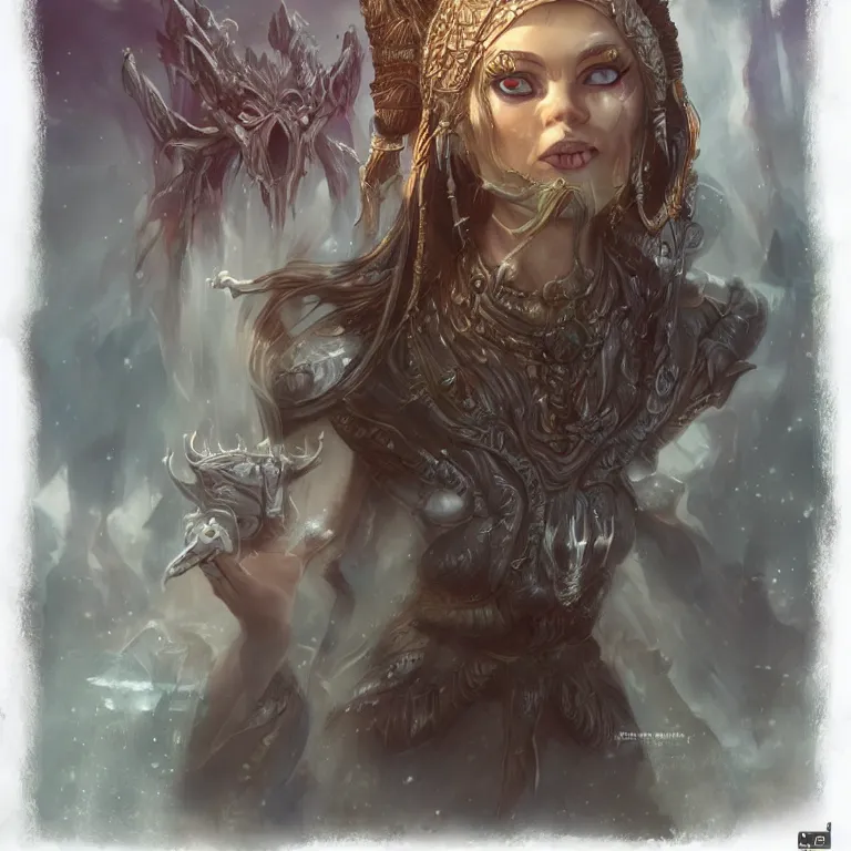 Prompt: a hyperrealistic fantasy illustration of a beautiful alien High-Priestess. Trending on ArtStation. In the style of Jason Chan, Tuomas Korpi and WLOP. Epic fantasy art. Middle Earth. Shiva.