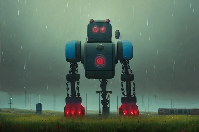 Prompt: British countryside derelict giant robot raining by Simon Stålenhag