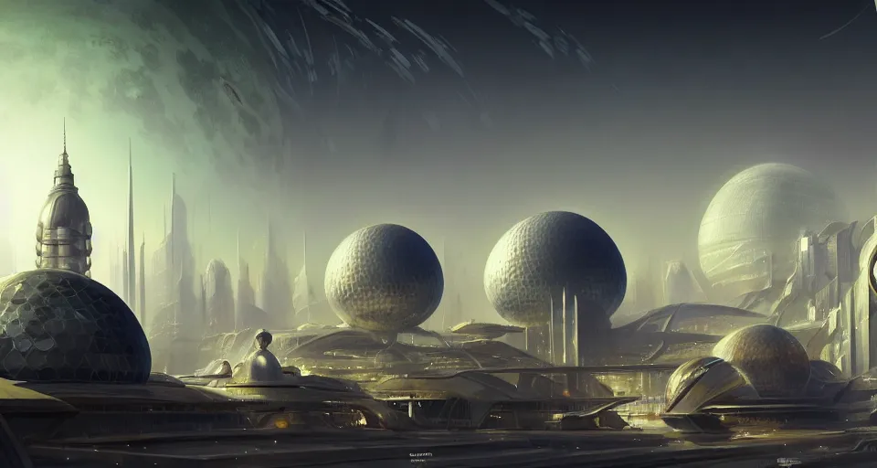 Image similar to cinematic shot, futuristic city on the moon, geodesic domes, digital painting, artstation, concept art, soft light, hdri, smooth, sharp focus, illustration, intricate, elegant, highly detailed, in the style of greg rutkowski and alphonse mucha and artemisia, 8 k, highly detailed, jurgens, rutkowski