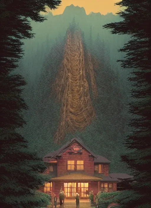 Prompt: Twin Peaks poster artwork by Michael Whelan and Tomer Hanuka, Rendering of 'the cult is here', full of details, by Makoto Shinkai and thomas kinkade, Matte painting, trending on artstation and unreal engine