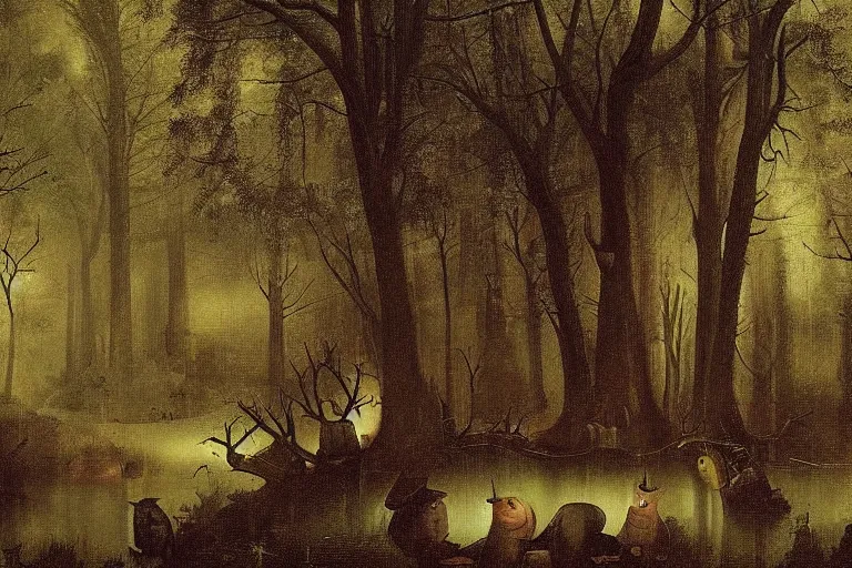 Prompt: dark and spooky painting of a forest dimly lit at night with scary hieronymus bosch creatures hiding in the woods. muted colour palette, detailed oil painting by asher brown durand