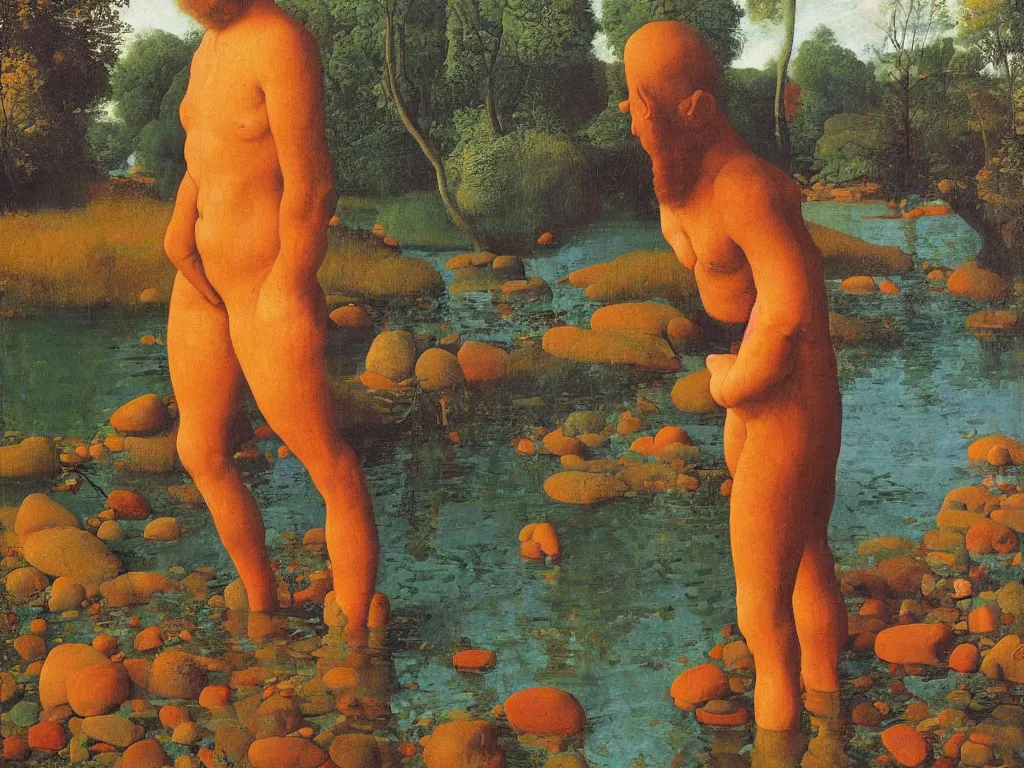 Image similar to Portrait of an artist in front of his canvas, knee deep in a river. Humanoid rocks, coral-like pebbles, autumn light. Painting by Jan van Eyck, Georges de la Tour, Rene Magritte, Jean Delville, Max Ernst, Walton Ford