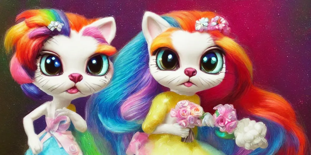 Prompt: 3 d littlest pet shop cat, lacey accessories, glittery wedding, ice cream, gothic, rainbow, master painter and art style of noel coypel, art of emile eisman - semenowsky, art of edouard bisson