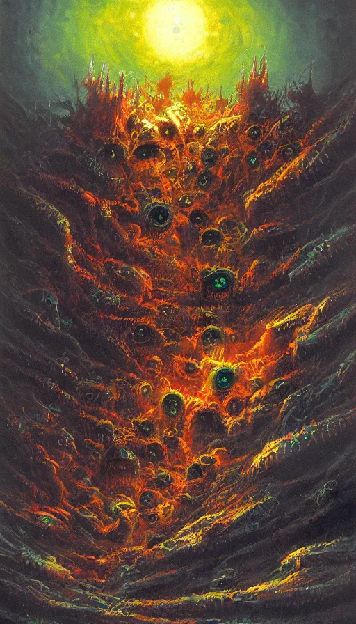 Prompt: a storm vortex made of many demonic eyes and teeth, by paul lehr,