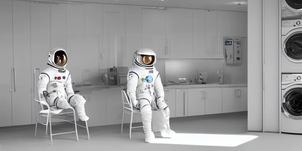 Image similar to a beautiful photo of an astronaut sat on a chair in an automatic laundry room, soft light, morning light, photorealistic, realistic, octane, 8k, cinematic shot