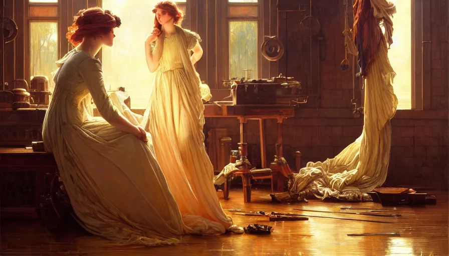 Image similar to highly detailed oil painting | very intricate | cinematic lighting | award - winning | craftsman | building a piece of furniture in their workshop | by charlie bowater, by greg rutkowski, by j. c. leyendecker and edmund blair leighton, beautiful cinematic light, american romanticism, by alphonse mucha, artstation, cgsociety, official art, octane