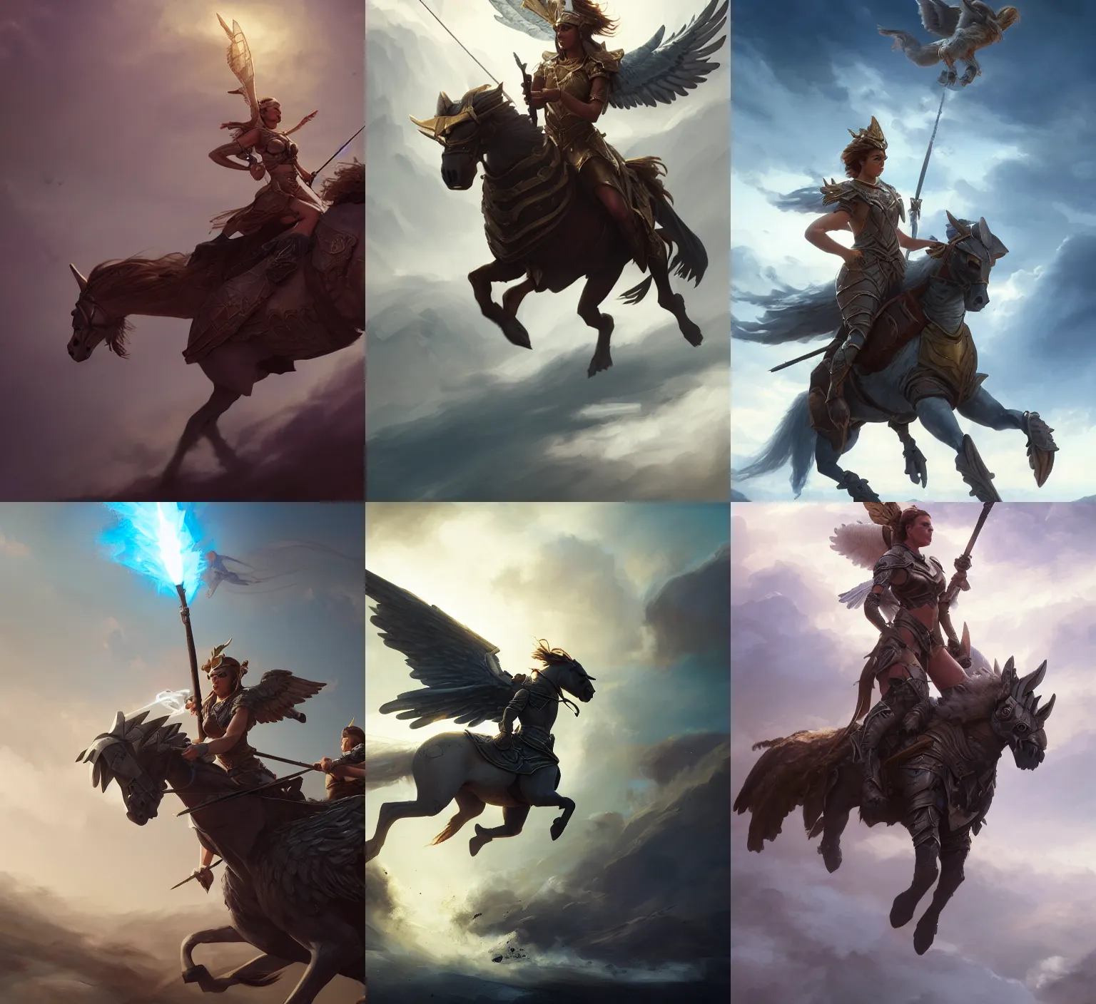 Prompt: valkyrie riding a winged horse, cinematic lighting, cinematic, concept art, smooth, sharp focus, highly detailed, artstation, trending, feng zhu, shaddy safadi, noah bradley, tyler edlin, jordan grimmer, darek zabrocki, neil blevins, tuomas korpi