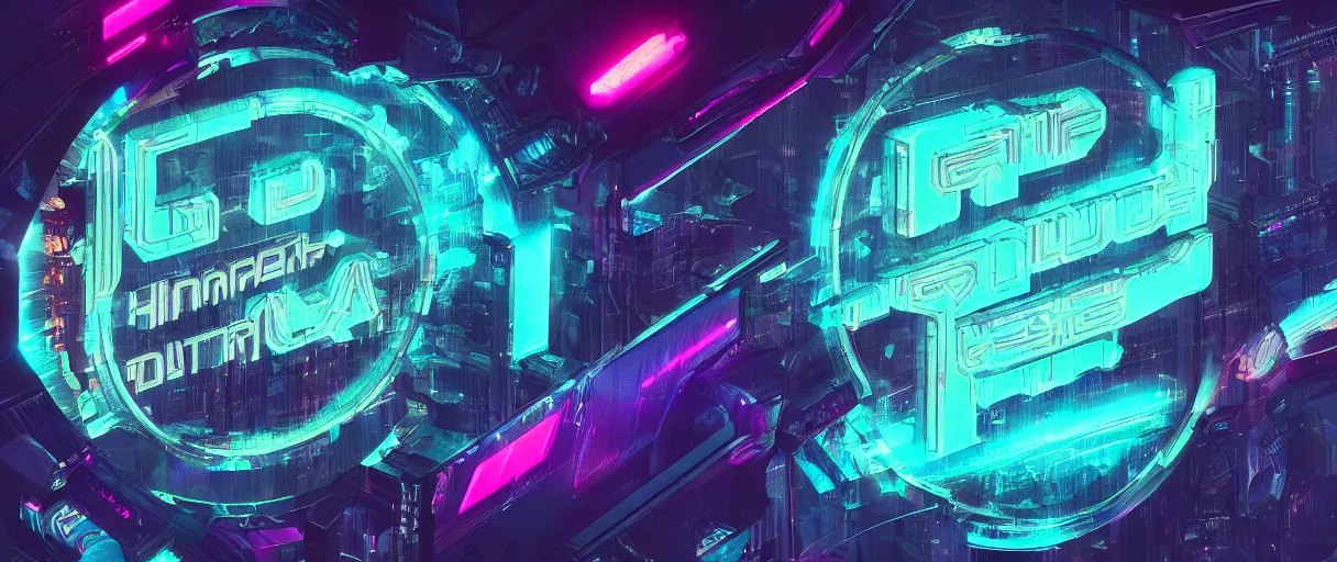 Image similar to cyberpunk holographic logo, futuristic, in the style of Pixar animation, low angle view, 16mm lens, award winning, hyper detailed, dramatic lighting, artstation, octane renderer, unreal engine