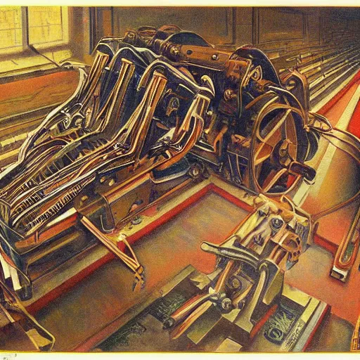 Prompt: i'm machine, i'm obsolete, in the land of the free, lobotomy. beautiful and detailed painting by grislaw ludovek ( 1 9 7 5 ).