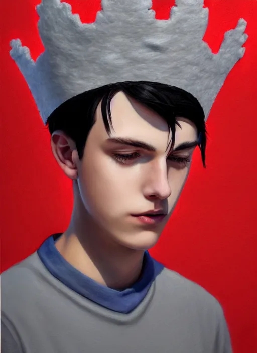 Image similar to portrait of teenage jughead jones wearing a light grey crown, photorealistic, crown made of fabric, crown, crown made of felt, black hair, intricate, elegant, highly detailed, digital painting, glowing lights, artstation, concept art, smooth, sharp focus, illustration, art by wlop, mars ravelo and greg rutkowski