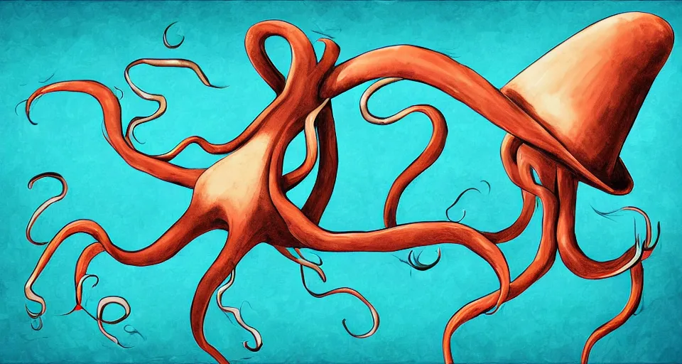 Image similar to Giant Squid wearing a top hat, swimming through the ocean, digital painting, Photoshop