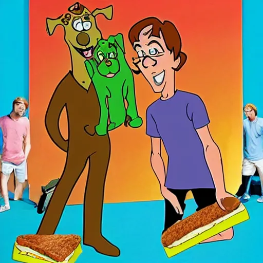 Image similar to realistic photo of scooby doo and shaggy with 2 foot high sandwiches