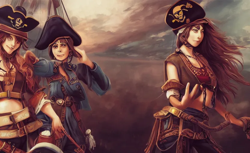 Image similar to a pirate captain commands her crew, digital painting, 4k anime wallpaper, beautiful, gorgeous, intricate and detailed brush strokes