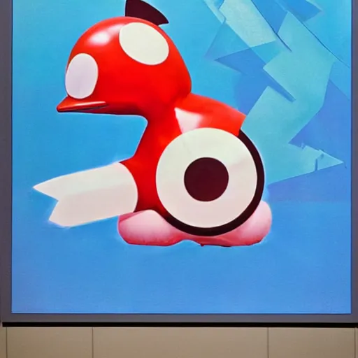 Image similar to A cute pokemon that resembles a blue bill wearing a puffy red coat by James Rosenquist