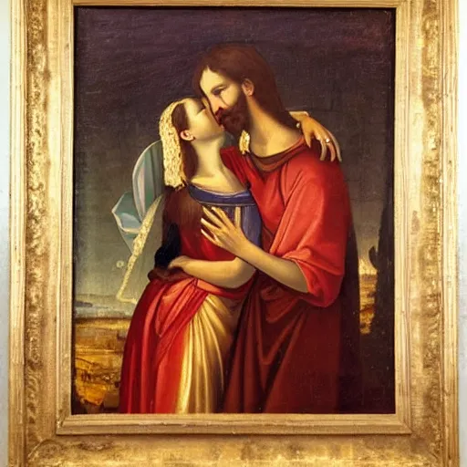 Image similar to an oil panting of a jesus kissing maria maddalena