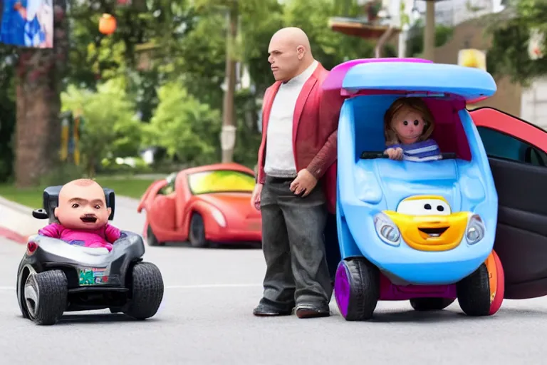 Image similar to vincent d'onofrio as kingpin driving a little tikes cozy coupe, movie still, from the new daredevil movie, 8 k, realistic