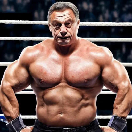 Prompt: pumped up muscled hungarian prime minister viktor orban as a wwe wrestler, real life photograph, award winning photograph, 4 k