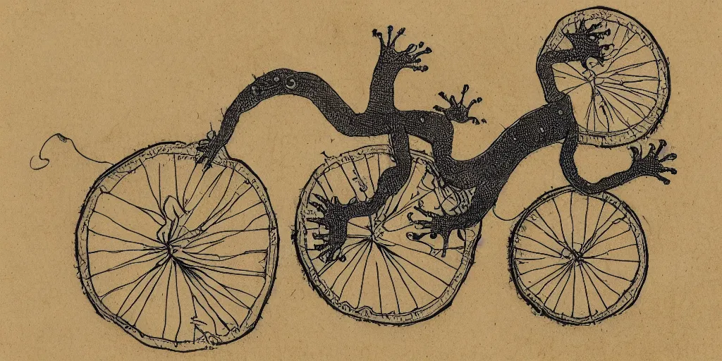 Prompt: a gecko riding a unicycle at dawn, yellowed paper, pen and ink, 1 5 0 0 s, 8 k resolution