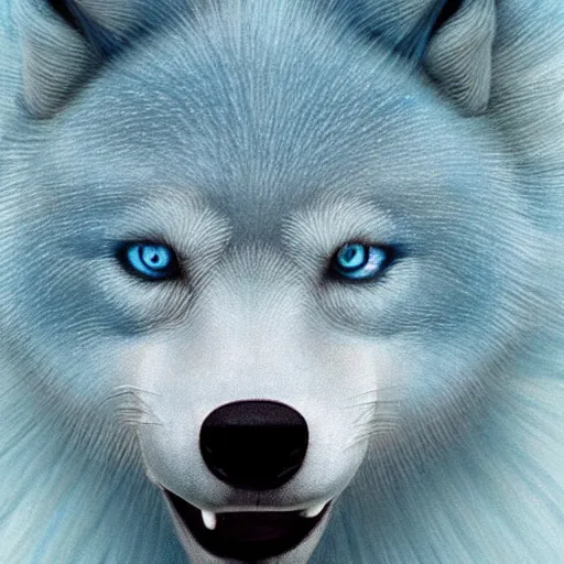 Image similar to pale blue wolf, pale green handkerchief, dark blue hair, dark blue spots, black nose, happy smile having fun, beige ears, beige mane, hyperrealistic, photo realistic, realistic, beautiful white lighting, in the middle of the day, hyperdetailed, very detailed, excellent composition