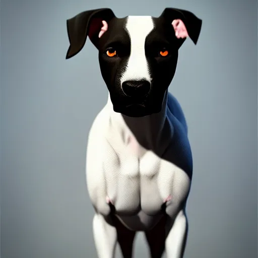 Prompt: photo of a skinny dark gray coat pit bull with a white paws and a white nose! painting, beautiful eyes!, pretty face!!, trending on artstation symmetry, concept art, sharp focus, illustration, art by! ilya kuvshinov!!, octane render