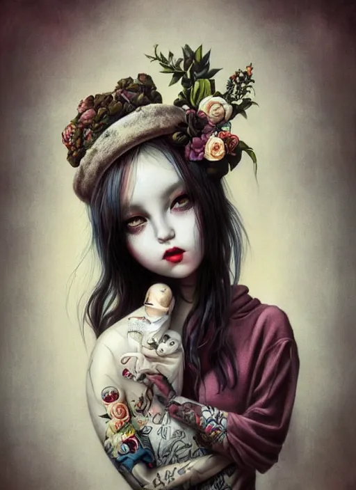 Image similar to pop surrealism, lowbrow art, realistic cute skateboard girl, japanese street fashion, hyper realism, muted colours, rococo, natalie shau, loreta lux, tom bagshaw, mark ryden, trevor brown style,