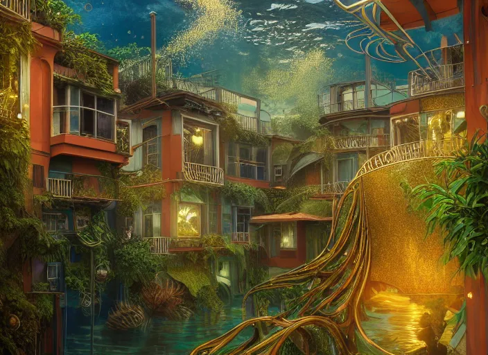 Image similar to foliage in art nouveau favela, underwater environment, borealis, scenery, professional, award - winning, trending on artstation, hyper detailed, realistic, beautiful, emotional, shiny, golden, picture