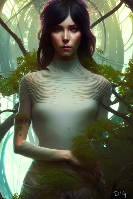 Image similar to beautiful digital painting of a stylish futuristic female forest with high detail, 8 k, stunning detail, works by artgerm, greg rutkowski and alphonse mucha, unreal engine 5, 4 k uhd