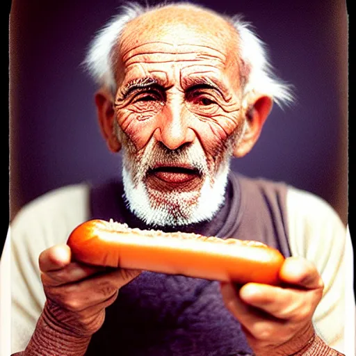 Image similar to Colour Photography of 1000 years old man with highly detailed 1000 years old face. Man eating hot-dog in style of Josan Gonzalez