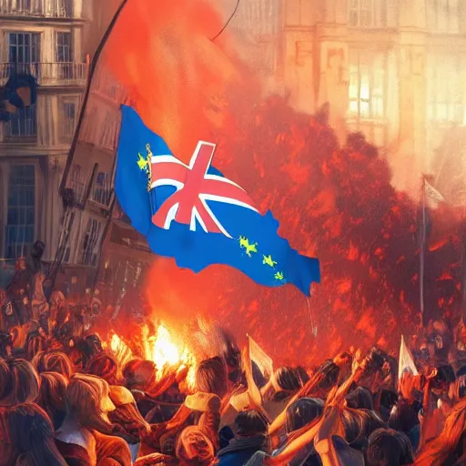 Image similar to people violently protest in London, burning buildings, Brexit flag in flames, 2d, ultra highly detailed, digital painting, smooth, sharp focus, artstation, pixiv, art by Ilya Kuvshinov