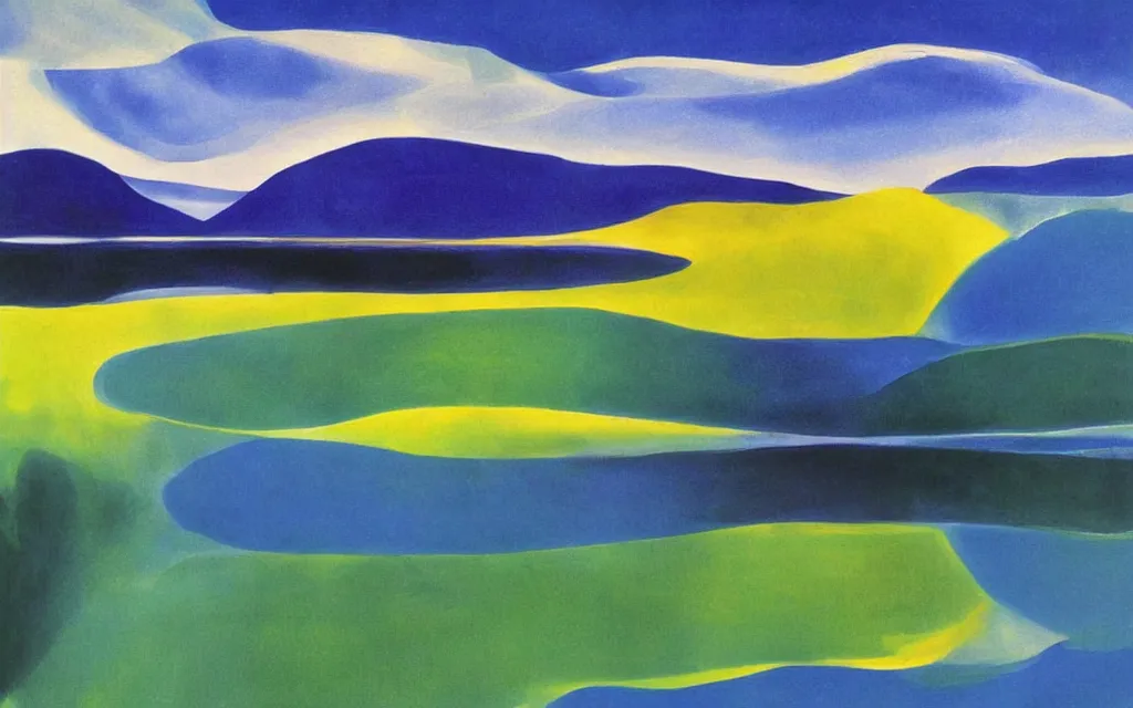 Image similar to the alps and reflection in a lake in the style of georgia o keeffe. colorful, wavy. painting. medium long shot. perspective. color palette of blue, yellow, purple, green.