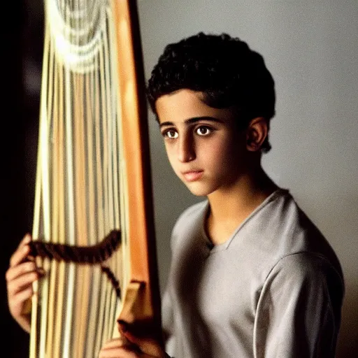 Image similar to handsome 17 year old middle-eastern skinned boy in a Biblical outfit playing an ancient harp, lyre. Tranquil, cinematic lighting, directed by Steven Spielberg