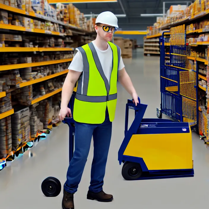 Prompt: hyperrealistic photo of a pale white walmart worker using a pallet jack, wearing a walmart vest, with square glasses, 8k octane beautifully detailed render, post-processing, extremely hyperdetailed, trending on artstation