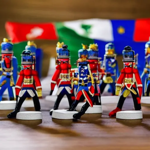 Image similar to a war between two factions of nutcracker armies, each with a different color and flag. Small, tiny, toy war,