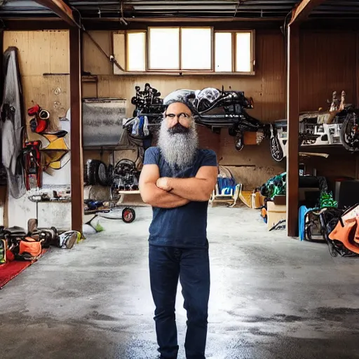 Prompt: a bearded king of the sea standing in his garage