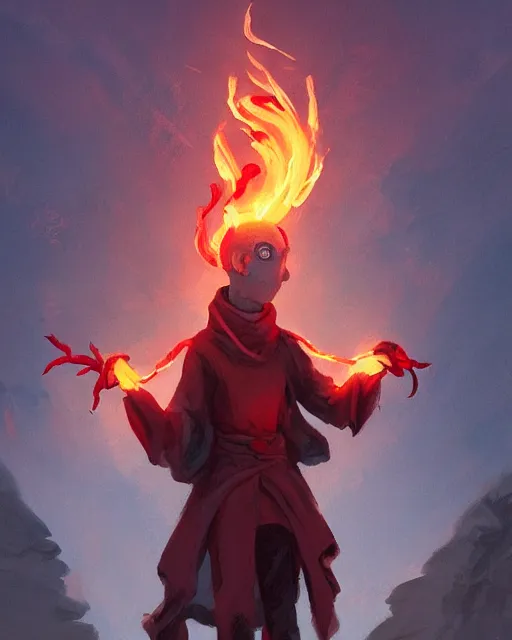 Image similar to tentacled [ [ squidward ] ] wearing fire nation clothing and practicing firebending outside at susnset, [ greg rutkowski ]