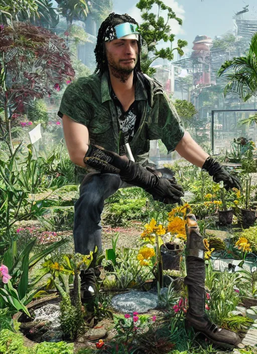 Image similar to johnny silverhand working in a garden, wake up samurai, solarpunk, lots of plants, gardening, permaculture, cyberpunk 2 0 7 7, anarchy, realistic, ultra detailed