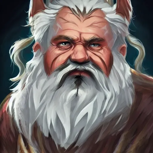 Prompt: concept art of old angry dwarf with white beard and hair, wearing wolf pelt, with runic geometry face tattoos