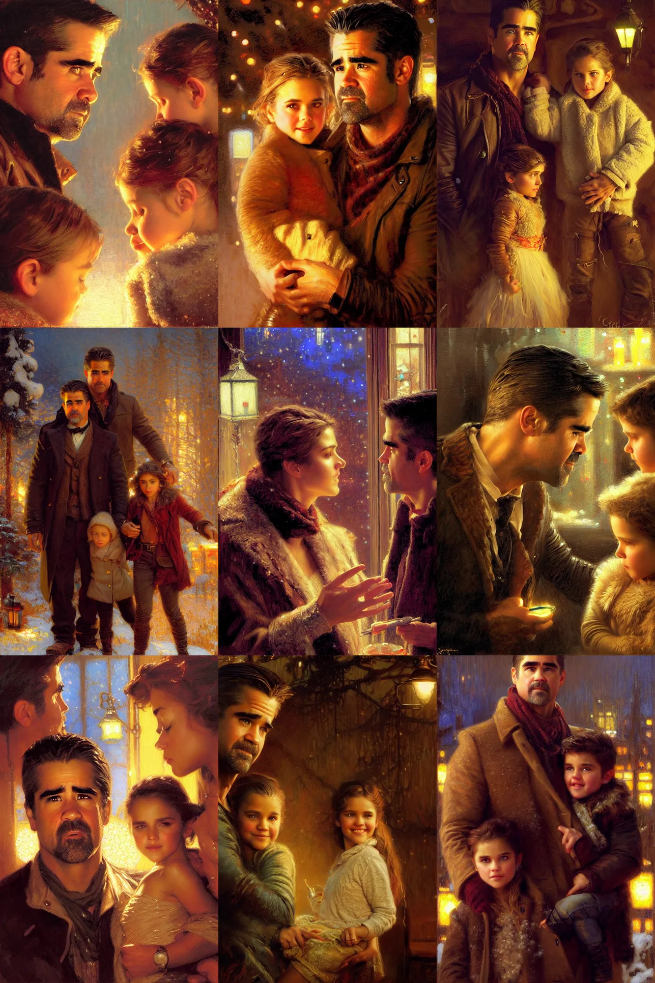 Prompt: winter, family, colin farrell with jessica alba, with a kid, neon light, detailed faces, painting by gaston bussiere, craig mullins, j. c. leyendecker