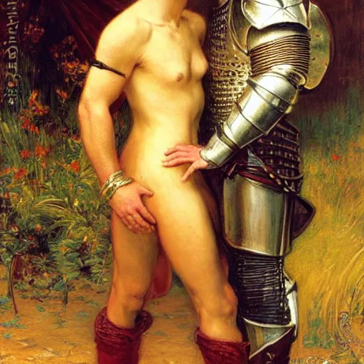 Image similar to attractive fully clothed arthur pendragon confesses his love for his attractive fully clothed male knight. highly detailed painting by gaston bussiere and j. c. leyendecker 8 k