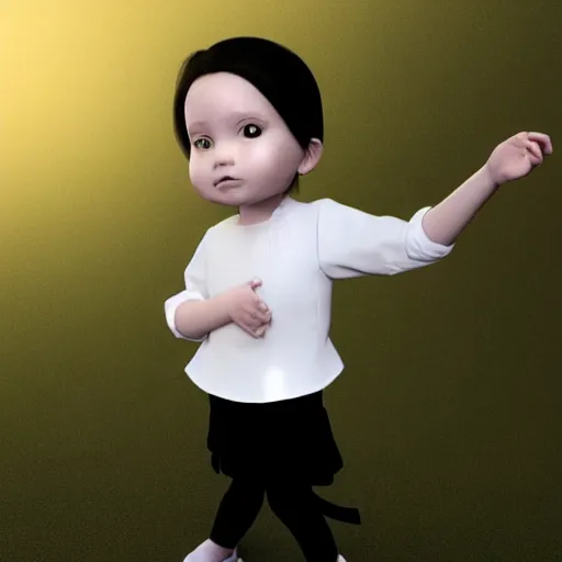 Prompt: a little girl wearing a white shirt and black pants, concept art by xi gang, trending on instagram, neo - dada, official art, iso 2 0 0, rendered in maya,