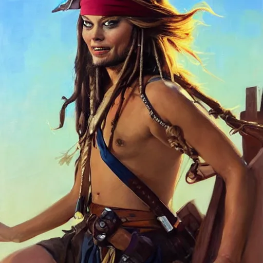 Prompt: greg manchess portrait of margot robbie as captain jack sparrow, epic grimdark, fantasy, medium shot, asymmetrical, profile picture, organic painting, sunny day, matte painting, bold shapes, hard edges, street art, trending on artstation, by huang guangjian and gil elvgren and sachin teng