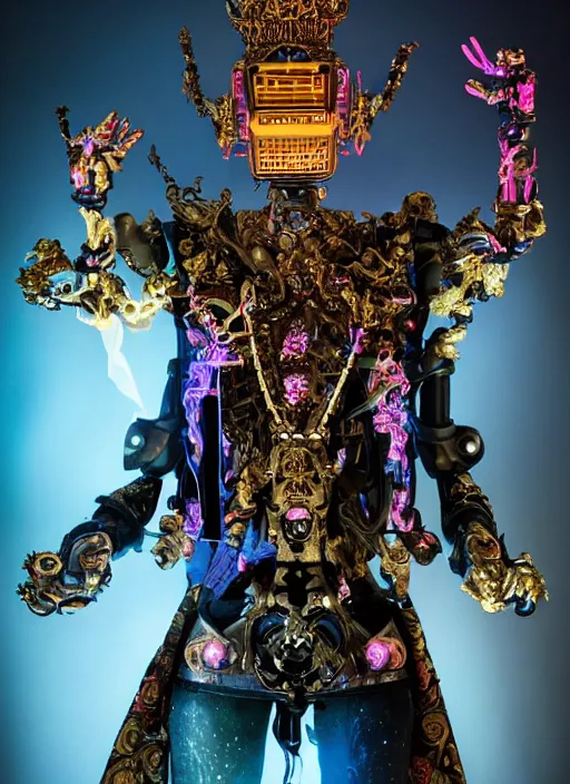 Image similar to full-body baroque and cyberpunk style sculpture of a young seductive Hispanic prince half android with a chest exposing a glowing gemstone battery and a CRT monitor face, glowing pink seductive laser eyes, crown of blue gears and diamonds, swirling salmon-colored silk fabric, robotic raptors dinosaurs. baroque elements. full-length view. intricate artwork by caravaggio. art by Artgerm and Greg Rutkowski and Alphonse Mucha and Tooth Wu and Beeple, Trending on artstation, cinematic industrial lighting, hyper realism, octane render, 8k, depth of field, 3D