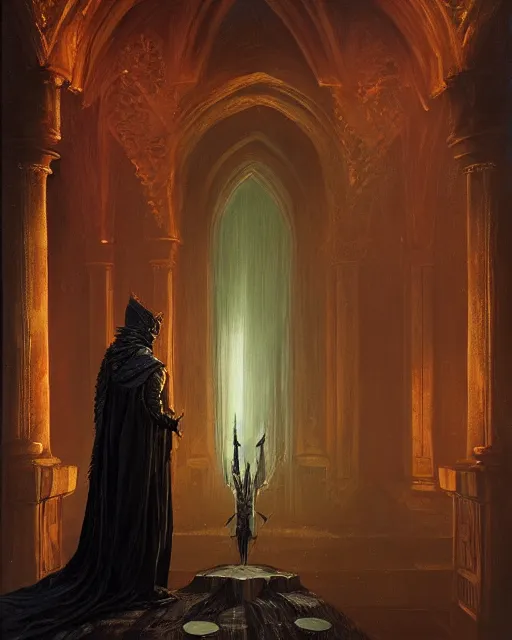 Prompt: A dark mage. He is wearing mage armor and a crown. He is frowning seriously. He is preparing to cast a dark spell. He is standing in a wizards room. Award winning realistic oil painting by Thomas Cole and Wayne Barlowe