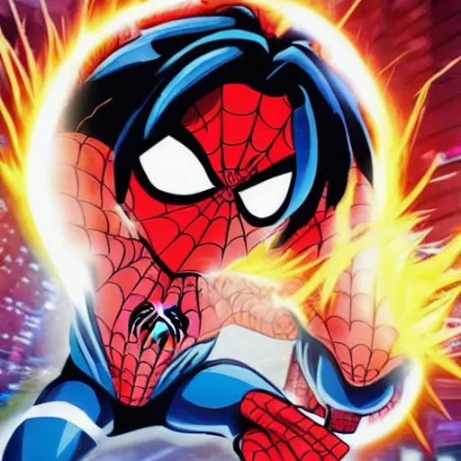 Image similar to spider man as a super saiyan